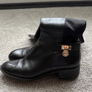 Michael Kors Black Leather Boots with Gold MK Charm